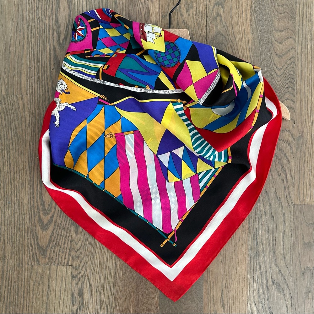 Vintage Harvé Bernard Multicolor Nautical Flag Motif 100% Silk Scarf 34" Square